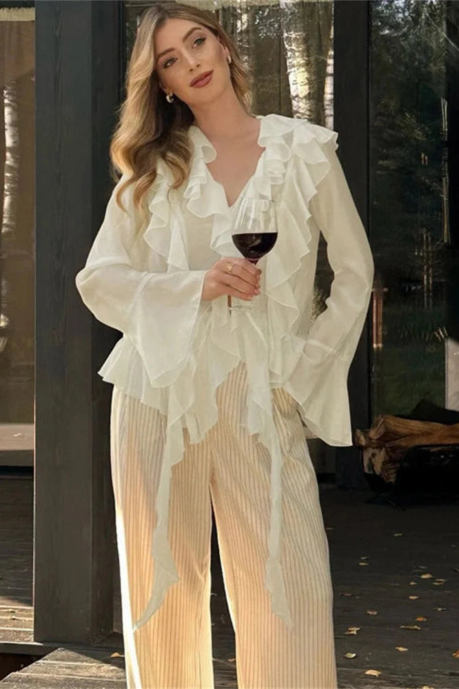 Glorol - See-Through Loose Patchwork V-Neck Top