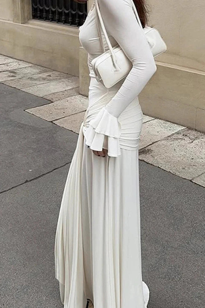 Glorol - Hollow Out Long Sleeve Pleated V-Neck Lace Slim Maxi Dress