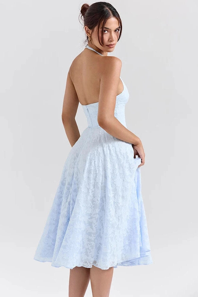 Glorol - Deep V Neck Sleeveless Backless A-line Midi Dress