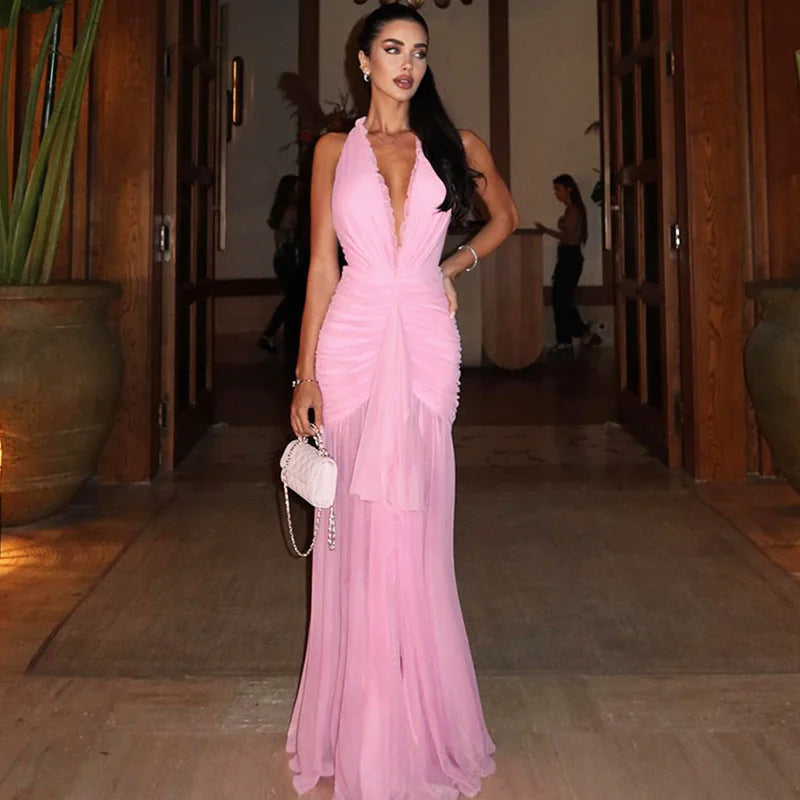 Glorol - See Through Lace Up Patchwork Maxi Dress