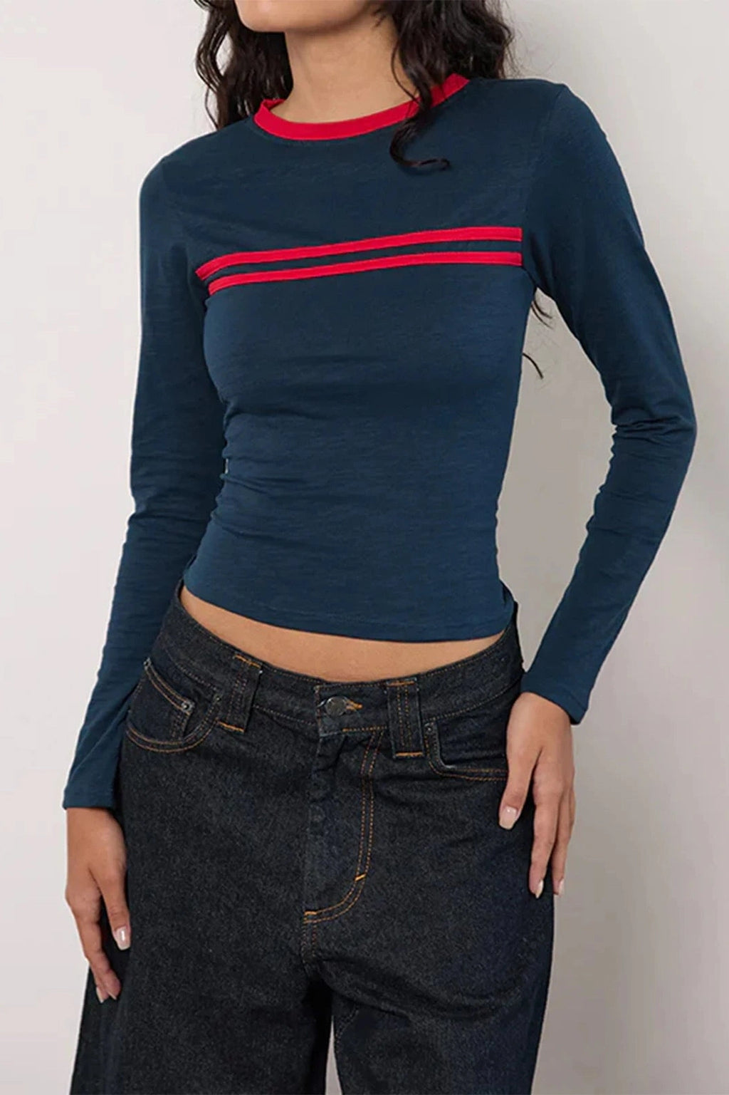 Glorol - Long Sleeve Stripe Print Round-Neck Fit Top