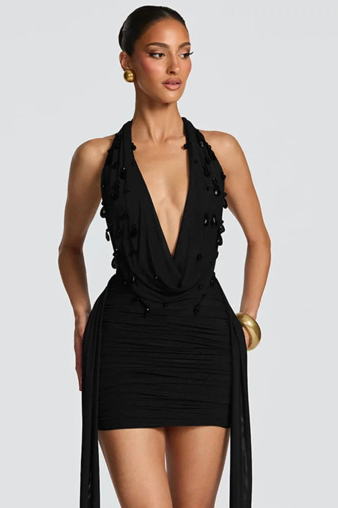 Glorol - Deep V Neck Backless Off-Shoulder Mini Dress