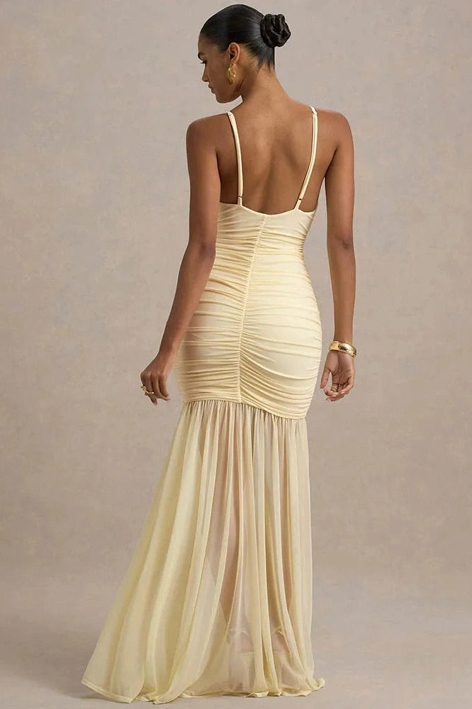 Glorol - Spaghetti Strap Backless Patchwork V Neck Pleated Maxi Dress