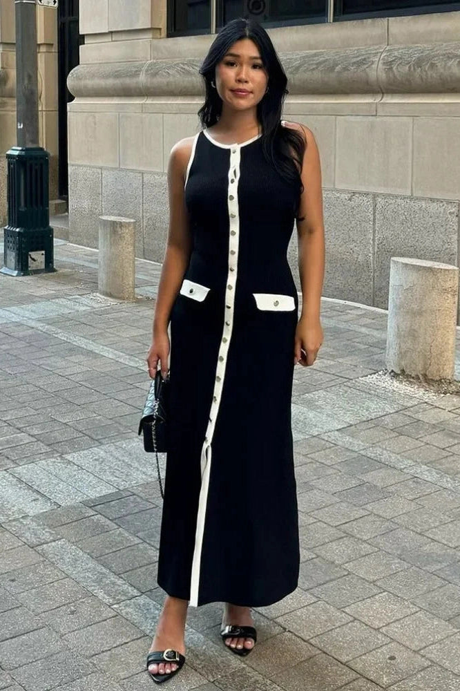 Glorol - Sleeveless Patchwork High Waist Pocket Maxi Dress