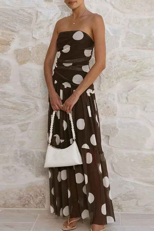 Glorol - Sleeveless Pleated Printed Off-Shoulder Maxi Dress