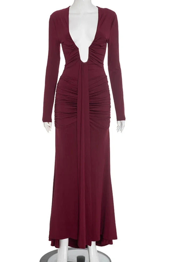 Glorol - Deep V Neck Long Sleeve Bodycon Maxi Dress