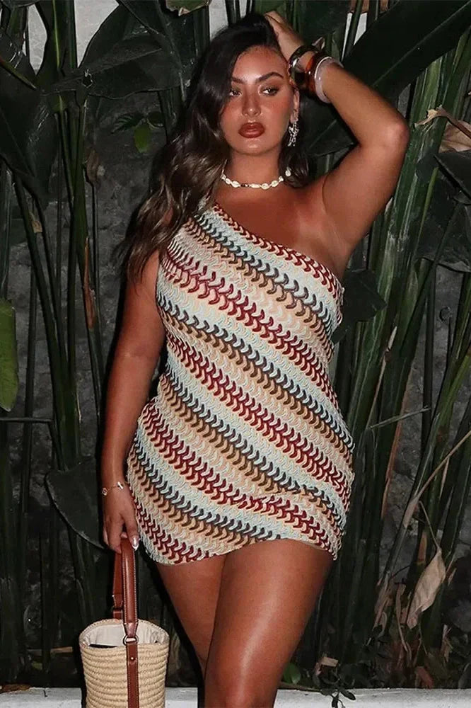 Notiglo - Knitted Stripe Printed Backless Slim Fit Mini Dress