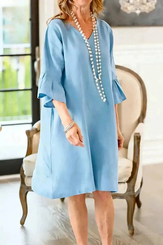 Glorol - Half Sleeve V-Neck Loose Pleated A-Line Mini Dress
