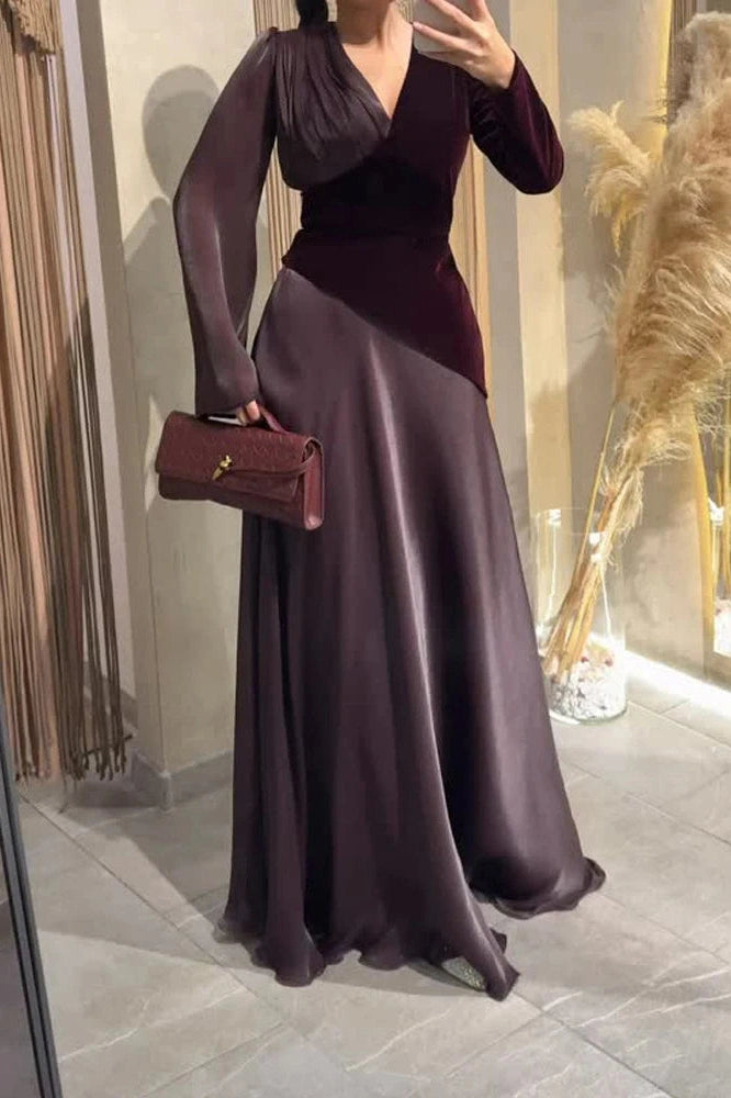 Glorol - Long Sleeve V-Neck High Waist Pleated Maxi Dress