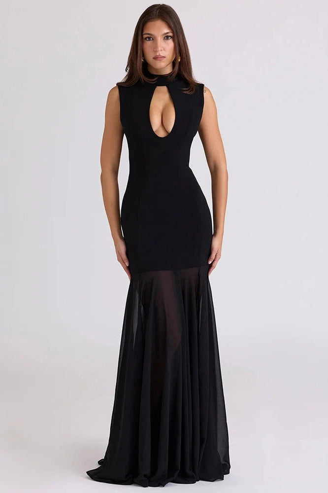 Glorol - Hollow Out Sleeveless High Collar High Waist Bodycon Maxi Dress