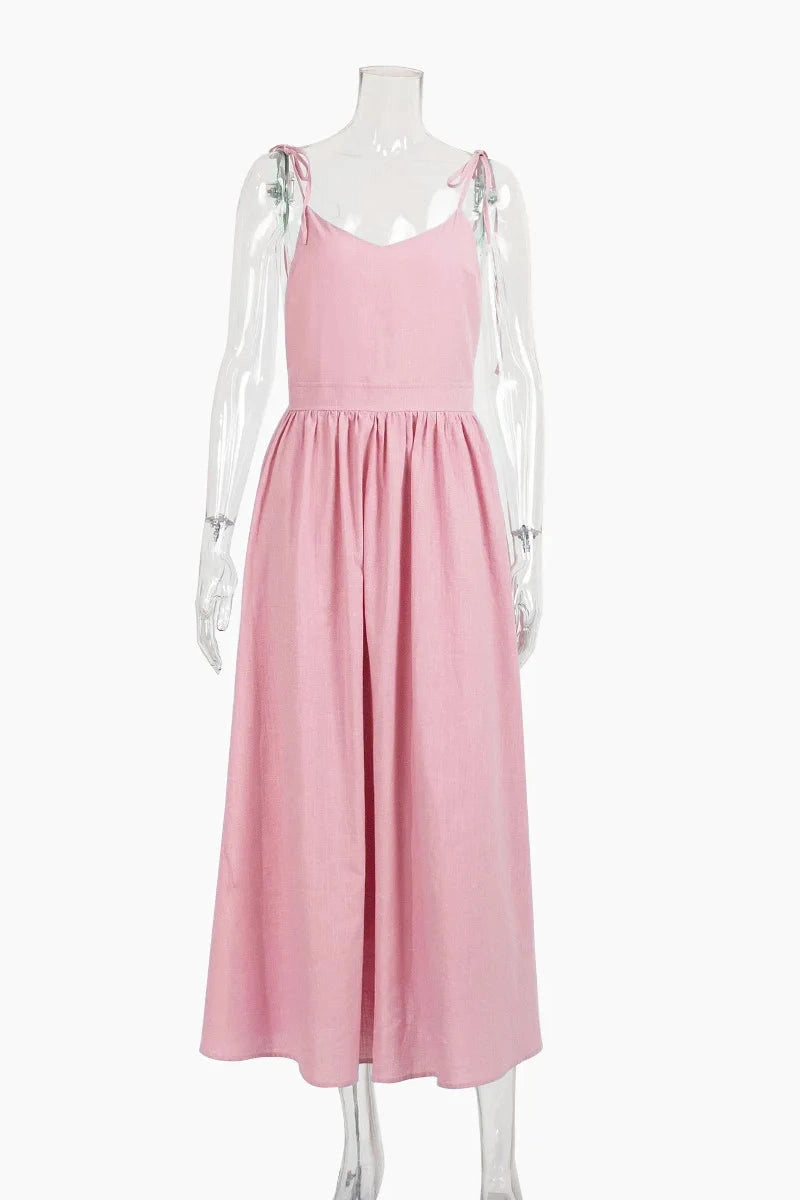 Glorol - Elegant Backless V Neck Midi Dress