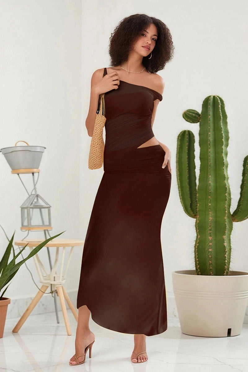 Glorol - Bodycon Slim One-Shoulder Patchwork Maxi Dress