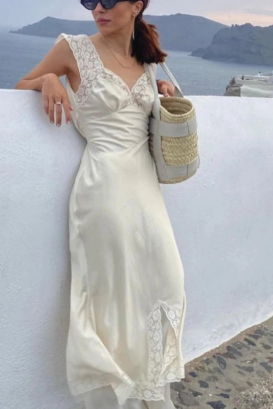 Glorol - Elegant Lace Slit Loose Pleated Backless Sleeveless Midi Dress