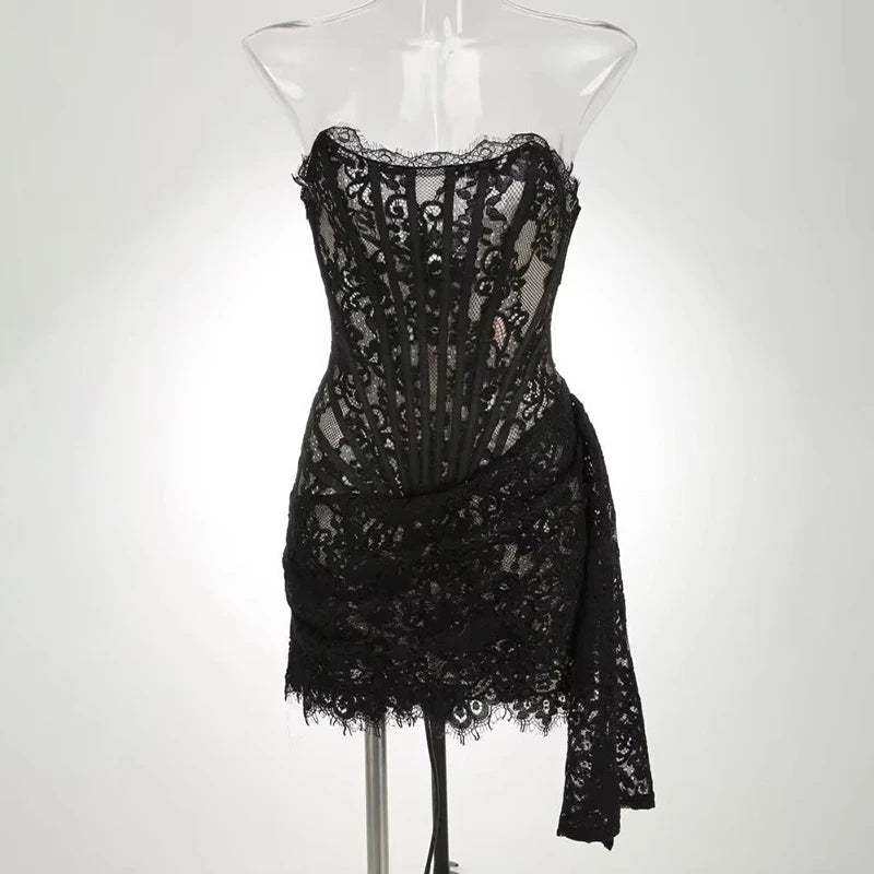 Glorol - Lace See-Through Bodycon Irregular Mini Dress