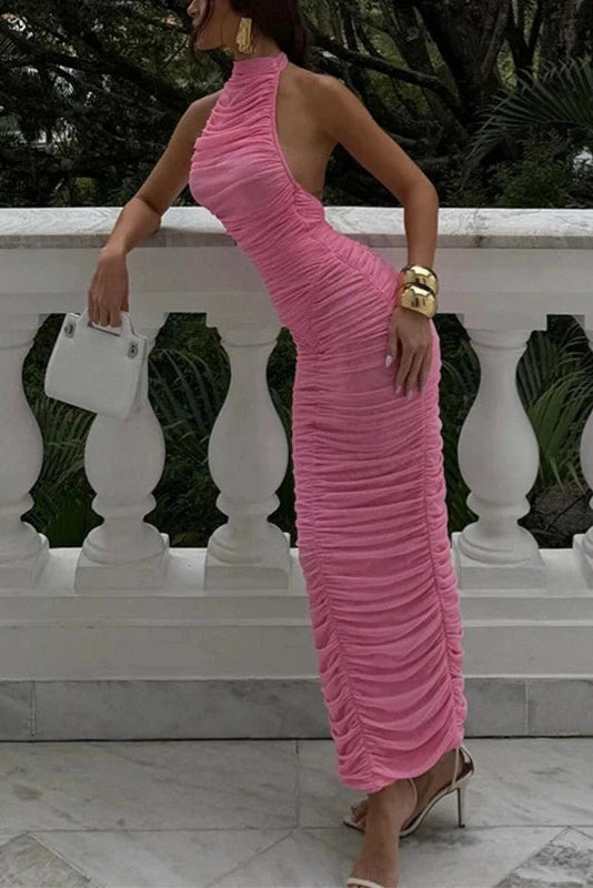 Glorol - Sleeveless High Waist Backless Pleated Slim Maxi Dress