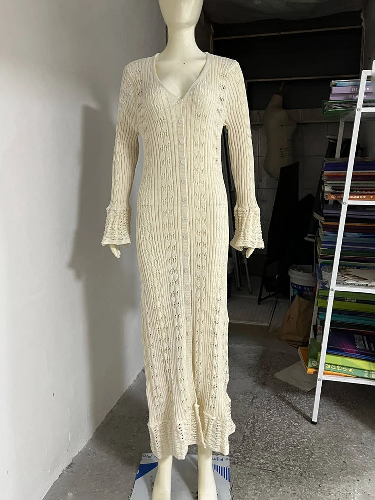 Glorol - Hollow Knitted Long Sleeve Maxi Dress