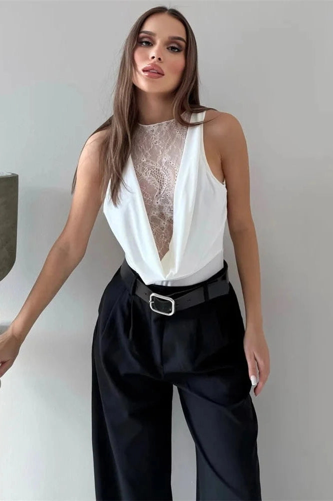 Glorol - Lace See-Through Sleeveless Patchwork Top