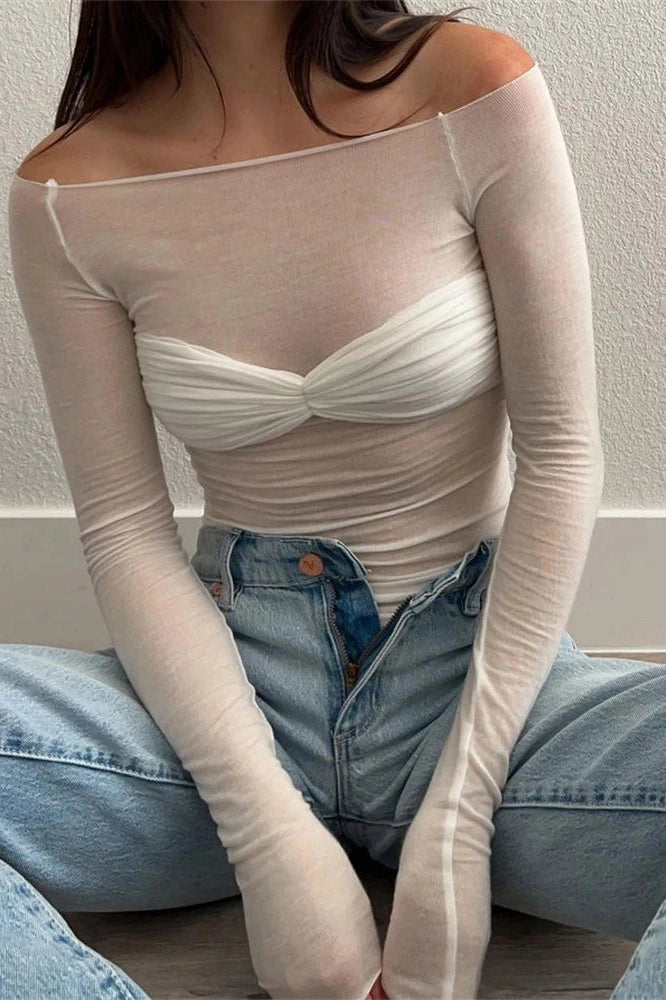 Glorol - Off-Shoulder Long Sleeve See-Through Lace Top