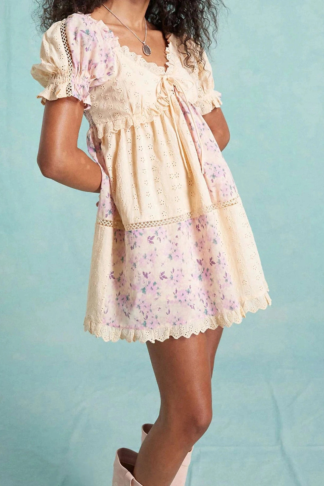 Glorol - Floral Print V Neck Short Sleeve A-Line Mini Dress