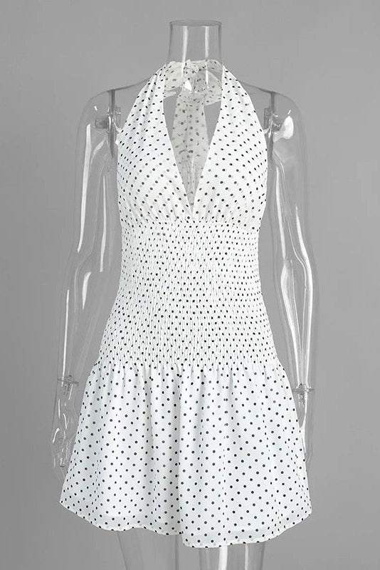 Glorol - Polka Dot Lace-Up Pleated Waist Backless Mini Dress