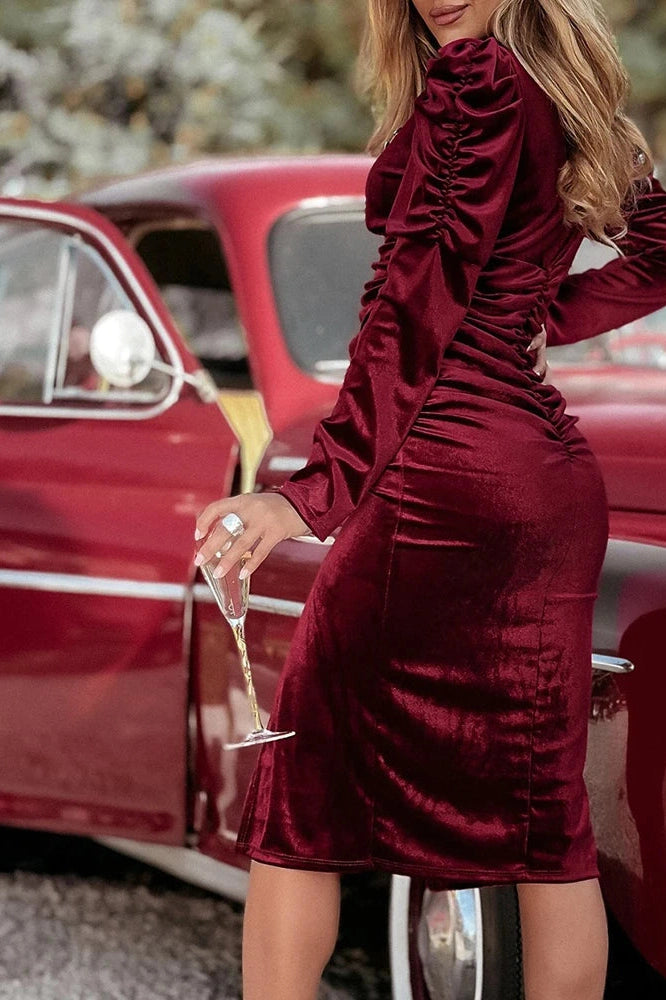 Glorol - Long Sleeve High Waist Split V-Neck Pleated Midi Dress
