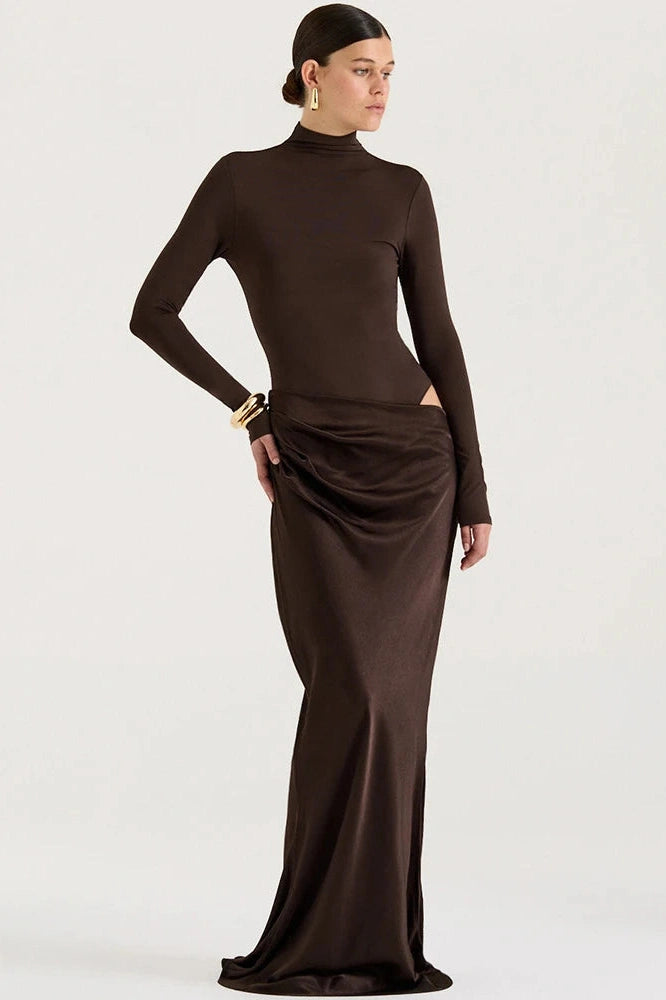 Glorol - Hollow Out Long Sleeve Turtleneck Bodycon Maxi Dress