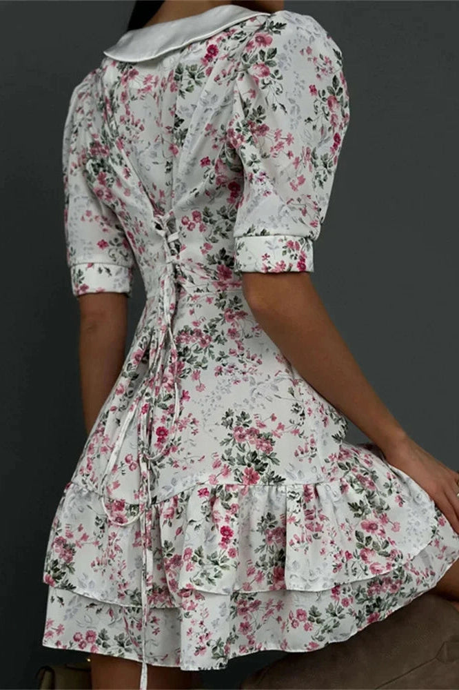 Glorol - Printed V-Neck Short Sleeve Slim High Waist Mini Dress