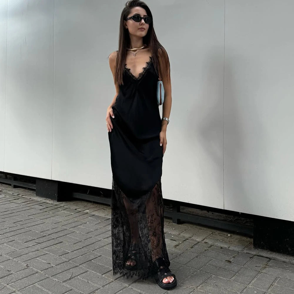 Glorol - Lace Patchwork V Neck See Through Sleeveless Maxi Dress