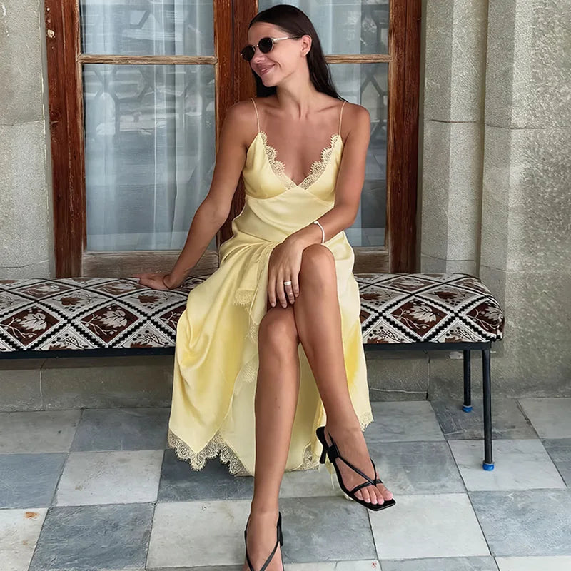 Glorol - Lace Patchwork Backless Sleeveless Midi Dress