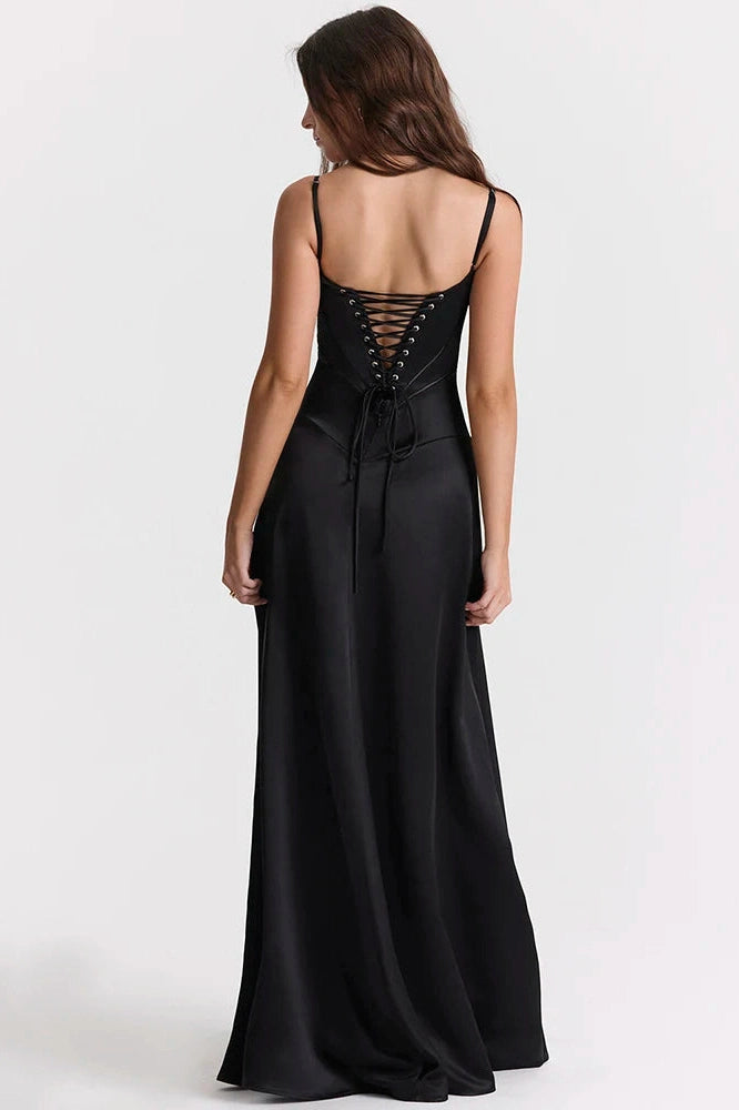 Glorol - Lace-up Spaghetti Strap Sleeveless Backless Maxi Dress