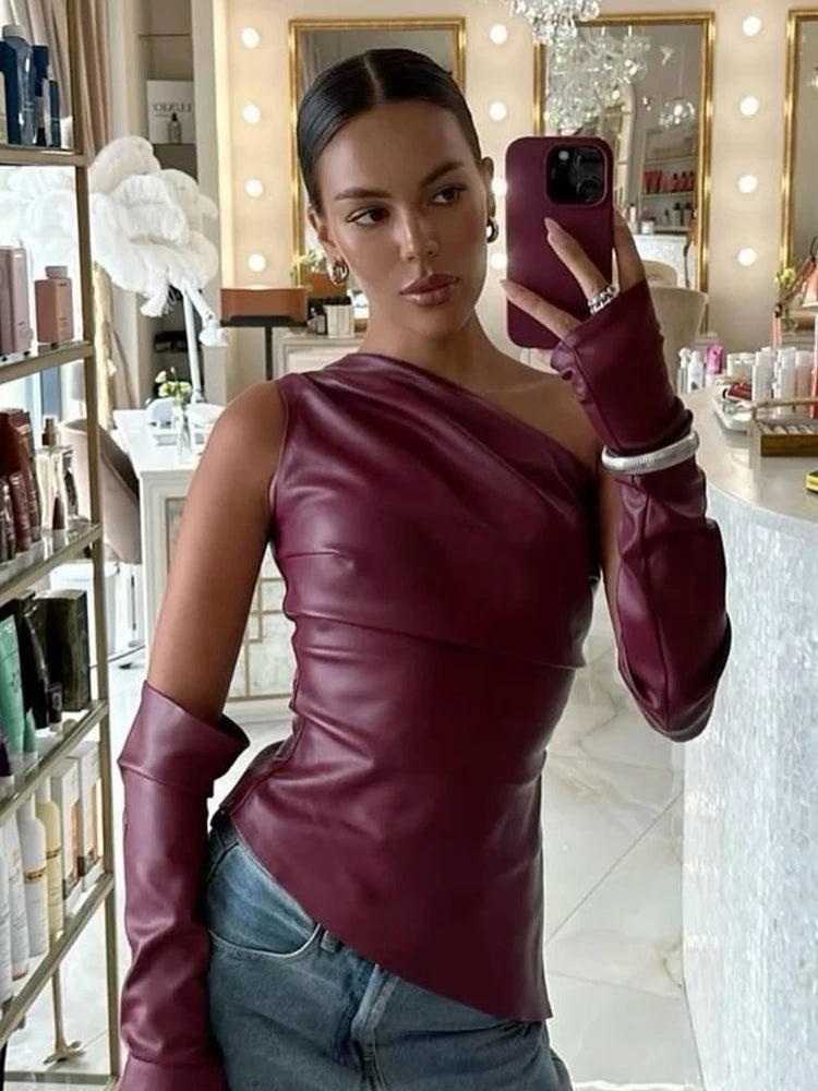 Glorol - PU Leather Sleeves Two Piece Slim Top