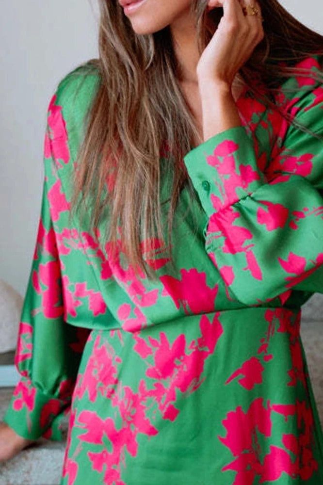 Glorol - Elegant Long Sleeve High Waist Printed V-Neck Maxi Dress