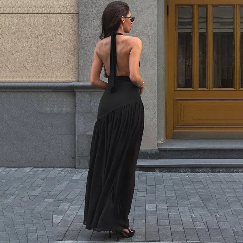 Glorol - Off Shoulder Patchwork Lace-Up Maxi Dress