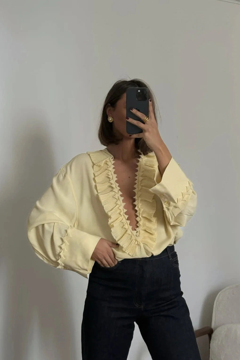 Glorol - Lace-Up See-Through V-Neck Long Sleeve Loose Top