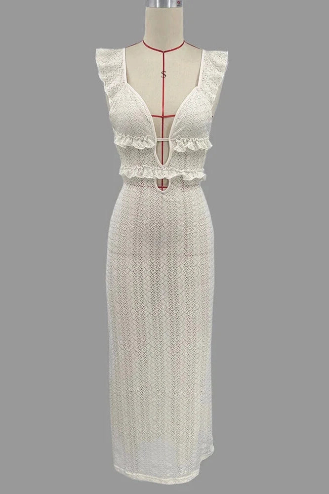 Glorol - Deep V Neck Sleeveless See Through High Waist Knitted Maxi Dress