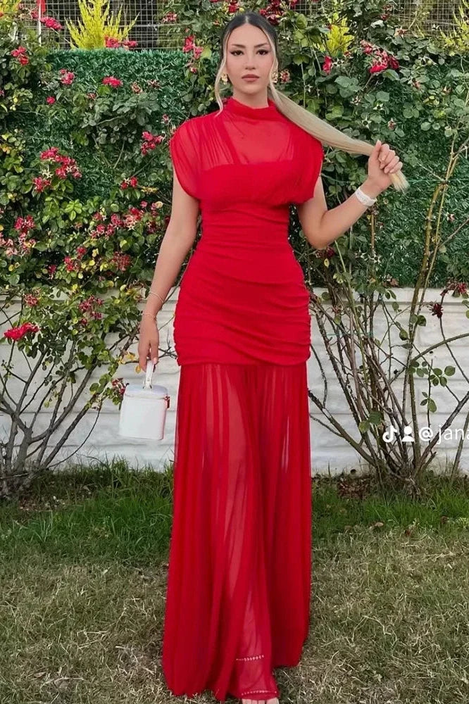 Sleeveless See-Through Patchwork Pleated Maxi Dress