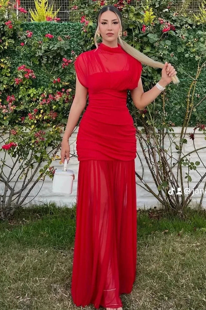 Glorol - Sleeveless See-Through Patchwork Pleated Maxi Dress