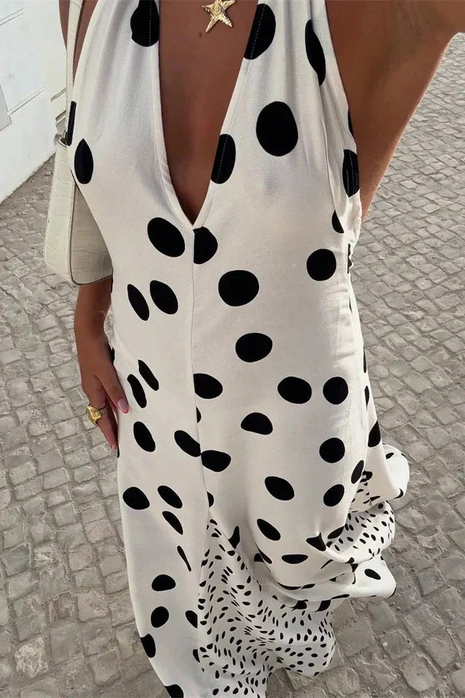 V-Neck Lace-Up Slim Backless Patchwork Maxi Dress