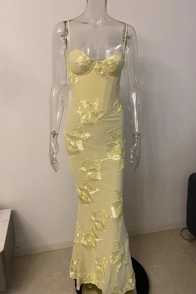 Glorol - Spaghetti Strap Printed Sleeveless Backless Bodycon Maxi Dress