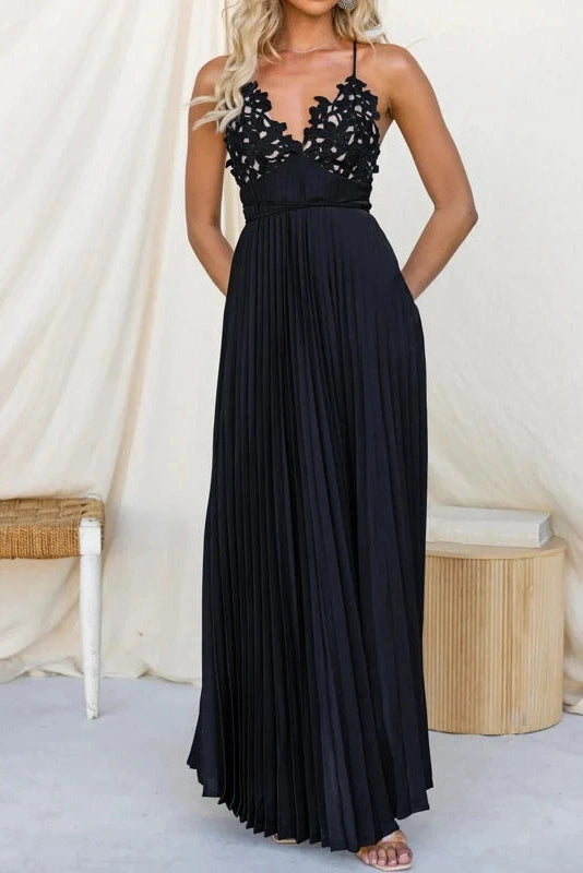 Glorol - Backless Pleated Lace Sleeveless High Waist Maxi Dress