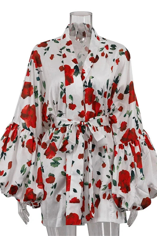 Glorol - Printed Patchwork Long Sleeve Lace-Up V-Neck Mini Dress