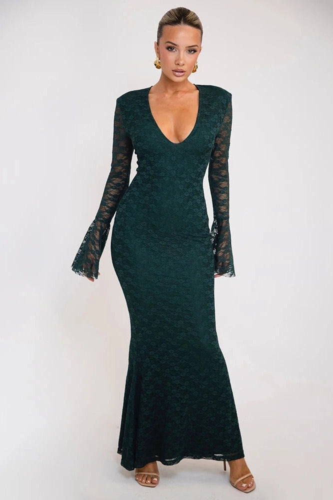 Glorol - Elegant Lace Long Sleeve Deep V Neck Maxi Dress