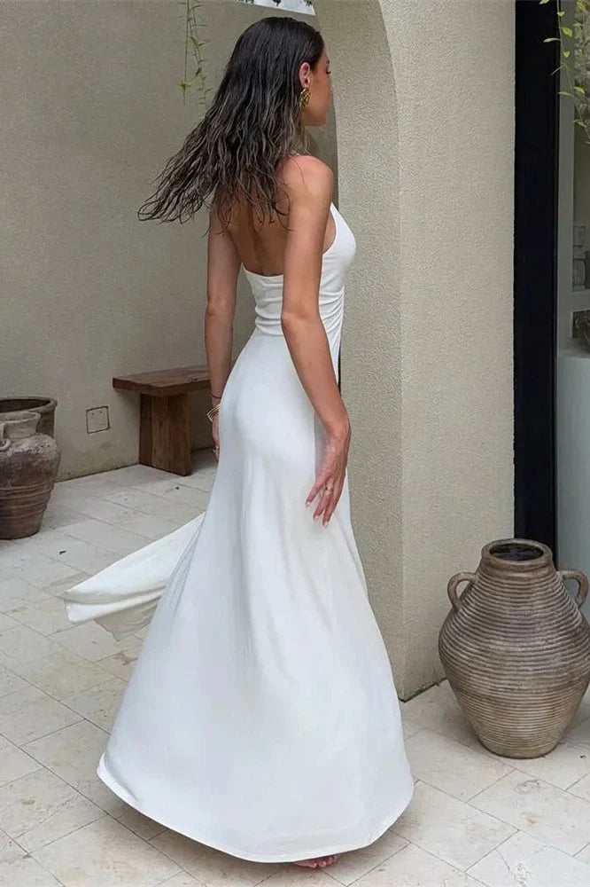 V-Neck High Waist Backless Slim Pleated Maxi Dress