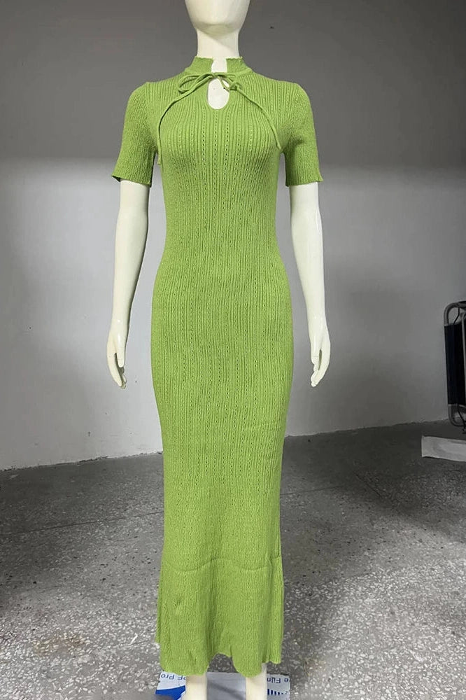 Glorol - Hollow-Out Short Sleeve Knitted Slim High Waist Maxi Dress
