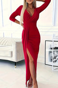 Glorol - Elegant Slim Long Sleeve Split V-Neck High Waist Pleated Maxi Dress