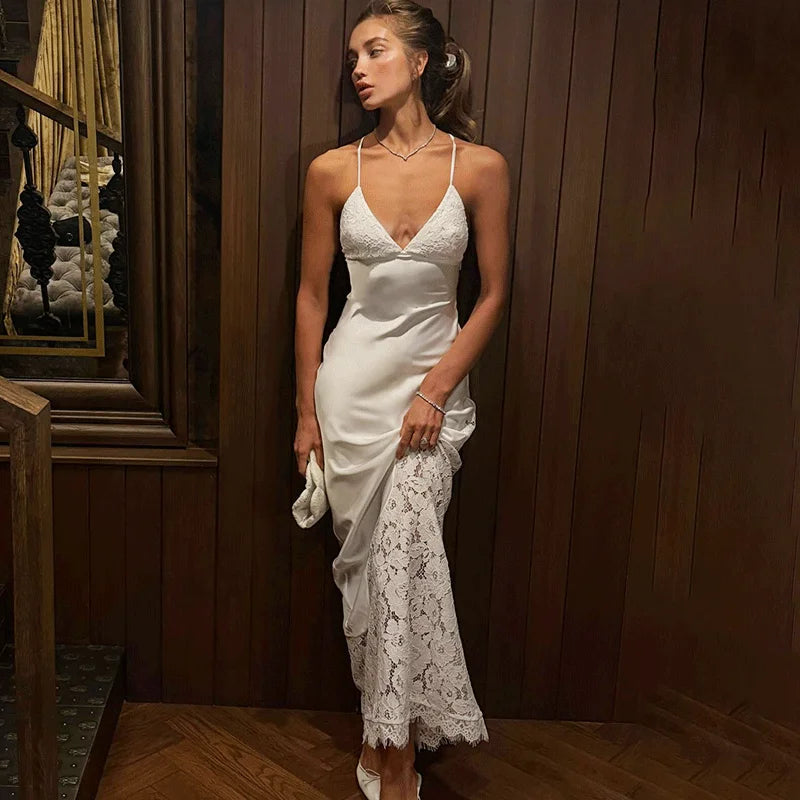 Glorol - Lace Deep V-Neck Hollow Out High Waist Maxi Dress