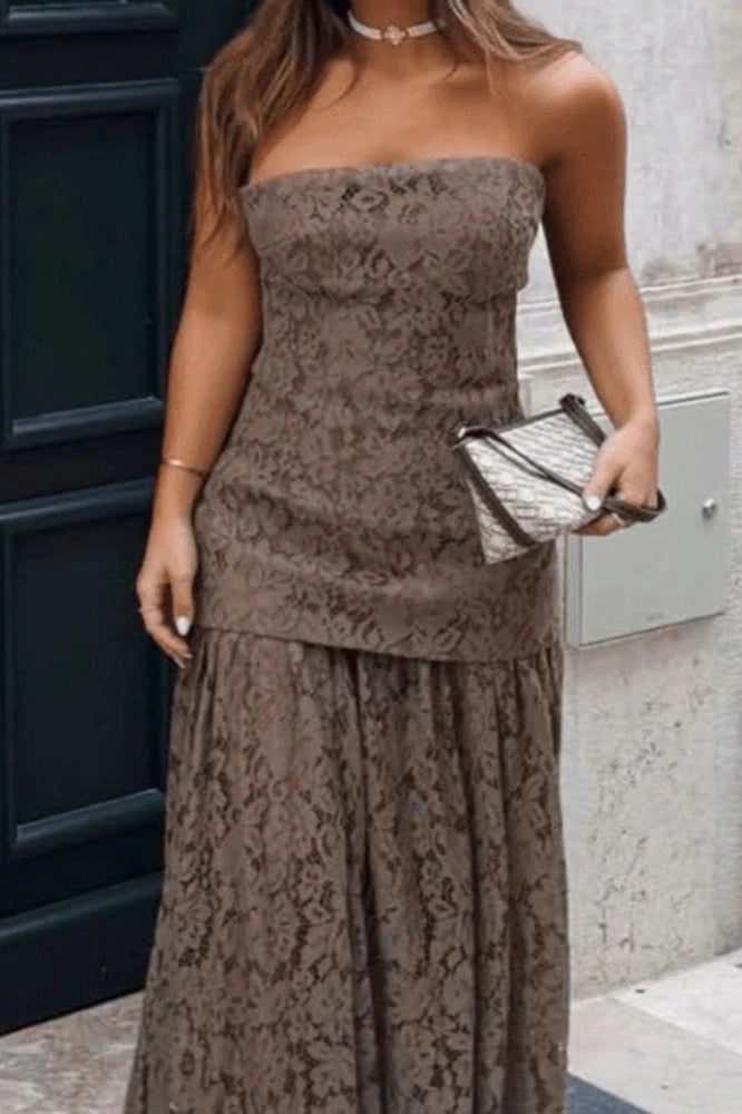 Glorol - Hollow Out Off-Shoulder Lace Pleated High Waist Maxi Dress