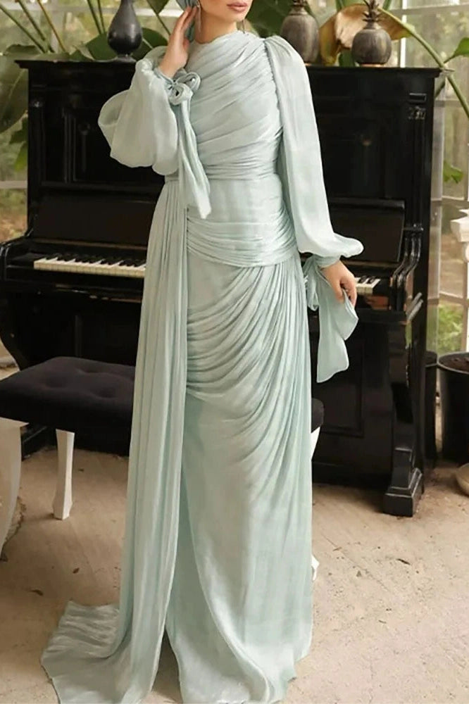Glorol - Elegant Long Sleeve High Waist Pleated Slim Maxi Dress