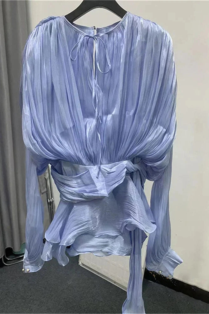 Glorol - Elegant Pleated Long Sleeve High Waist Mini Dress