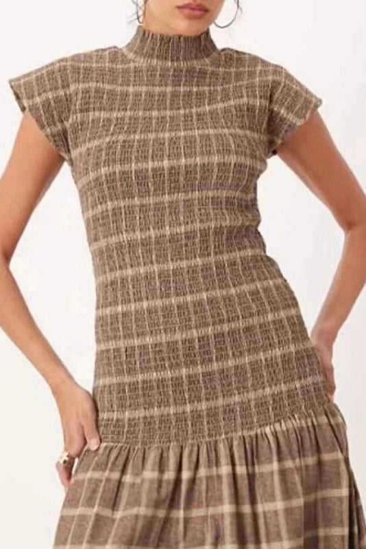 Glorol - O-Neck Short Sleeve High Waist Pleated Printed Slim Maxi Dress